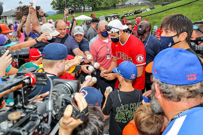 Ohtani, who plays with the ease and joy of a Little Leaguer, signs autographs for kids at the Little League World Series complex in South Williamsport, Pa.